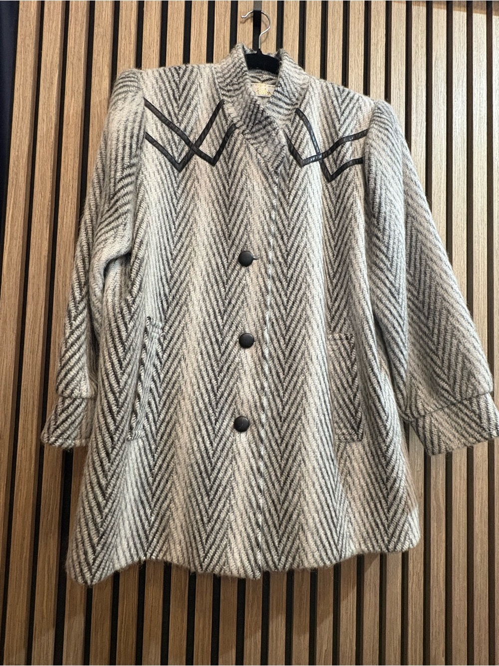 Wool Chevron Peacoat in Gray and Cream